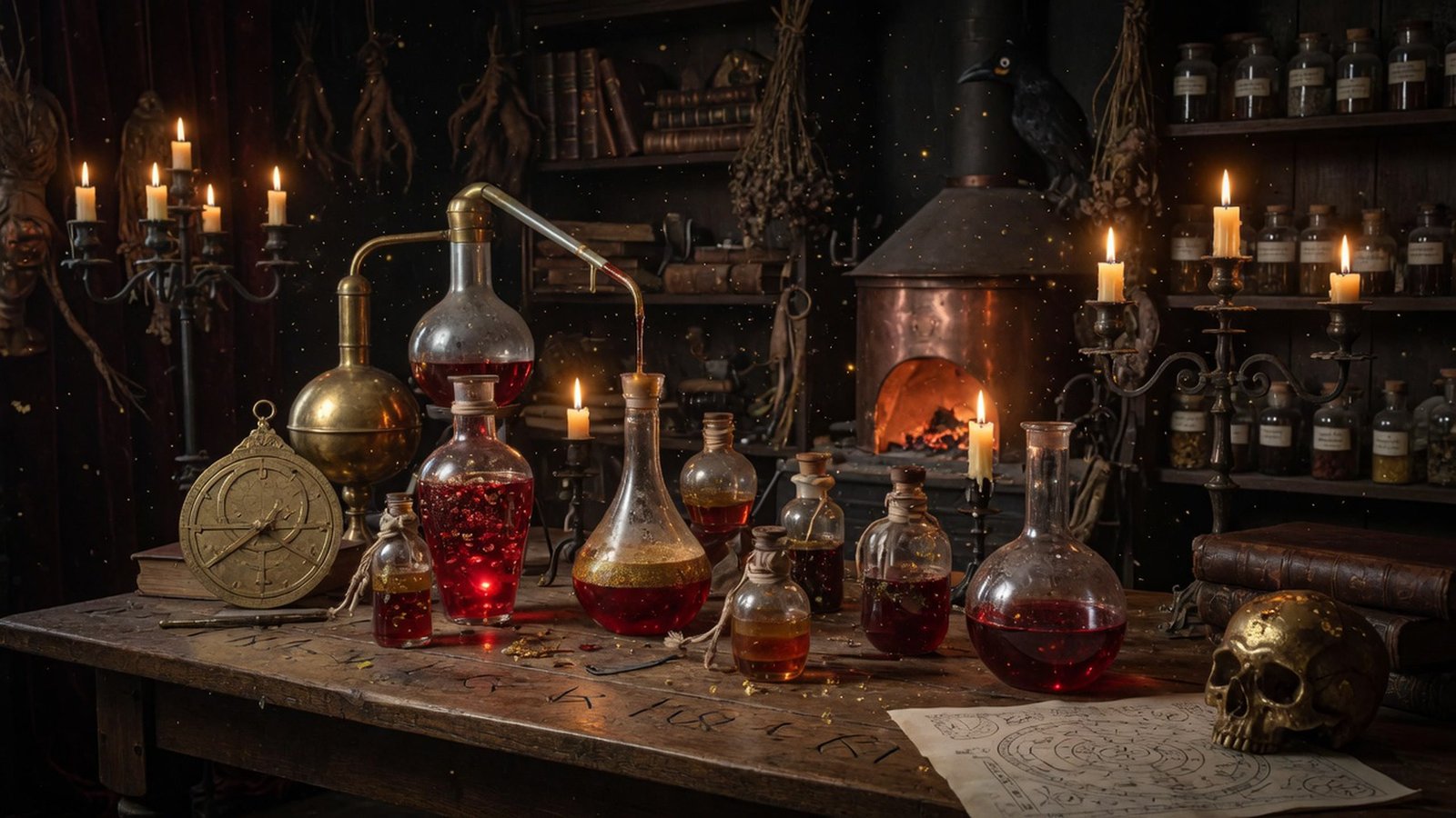 Alchemy laboratory with amber glassware