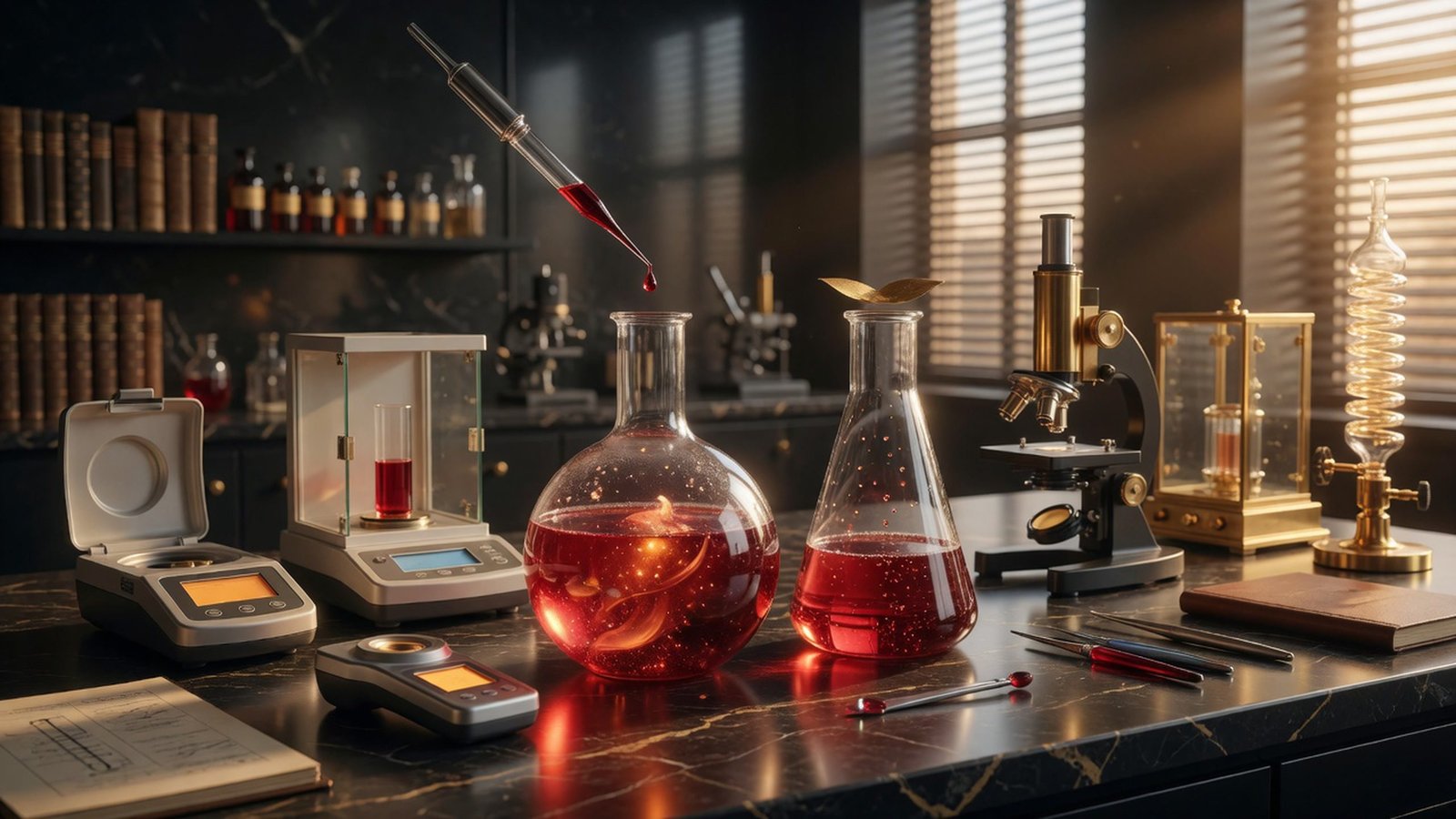 Scientific glassware with ruby gold liquid
