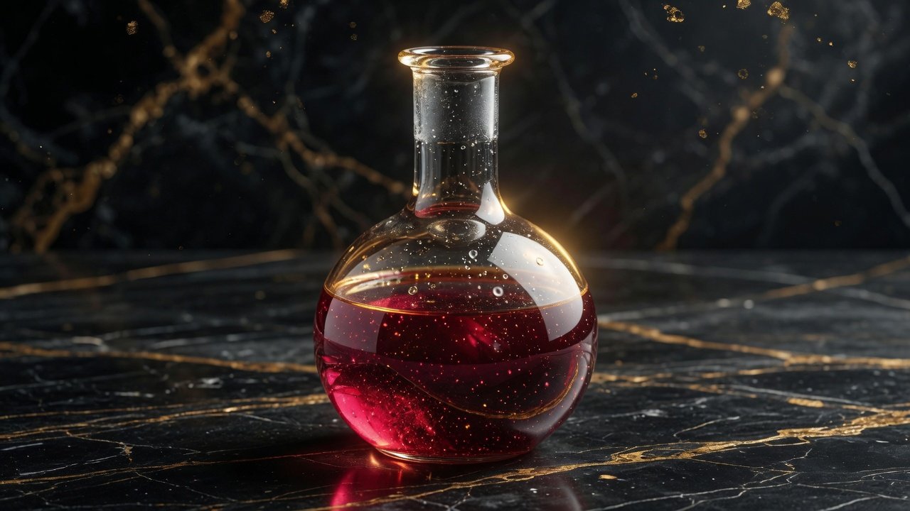 Ruby-red colloidal gold in a clear glass laboratory flask