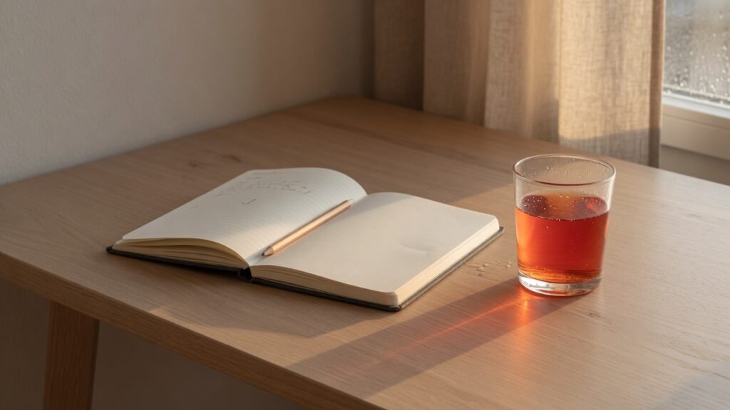 Open notebook and amber glass of colloidal gold on oak desk in warm dawn light