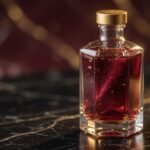 Faceted glass bottle of deep ruby colloidal gold on black marble with soft gold light