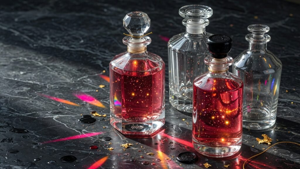 Premium clear glass bottles with ruby colloidal gold on dark marble