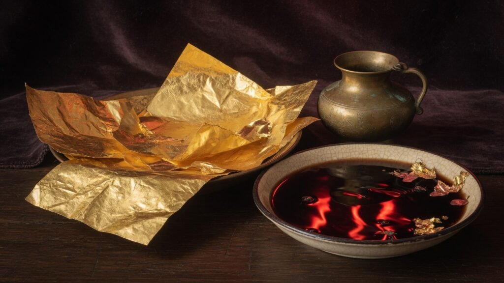 Gold leaf sheets beside a dish of dark ruby liquid and antique brass vessel